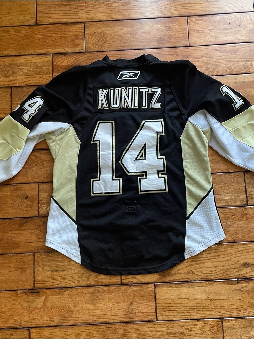 Reebok Men's Black White Gold Kunitz #14 Hockey Jersey